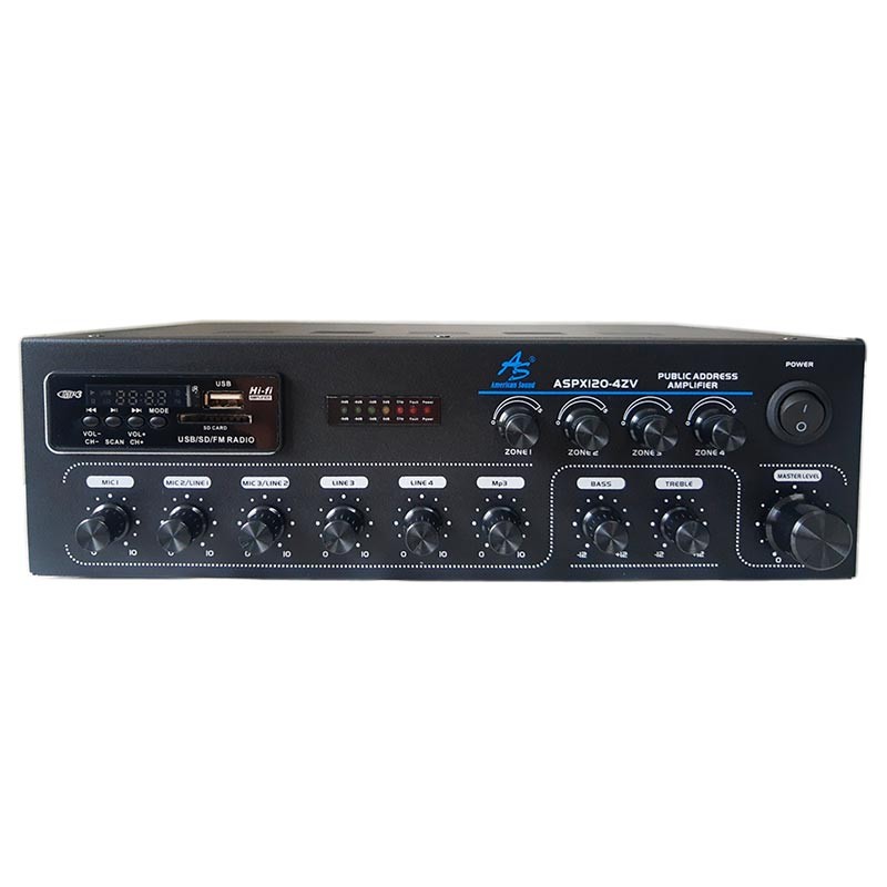 ASPX120-4ZV Amplificador Sonido Ambiental de 4 Zonas con Reproductor  Bluetooth y USB American Sound - Audiocustom